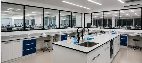 Laboratorio con isla central, mesas perimetrales y almacenamiento